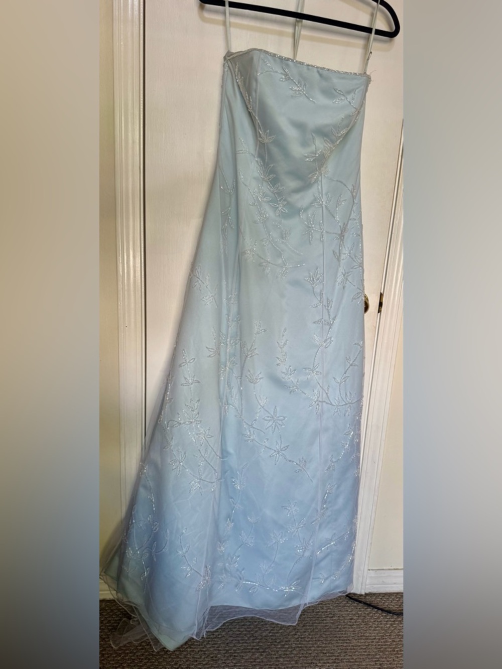 Precious Formals Light Blue Embroidered Strapless Maxi Gown